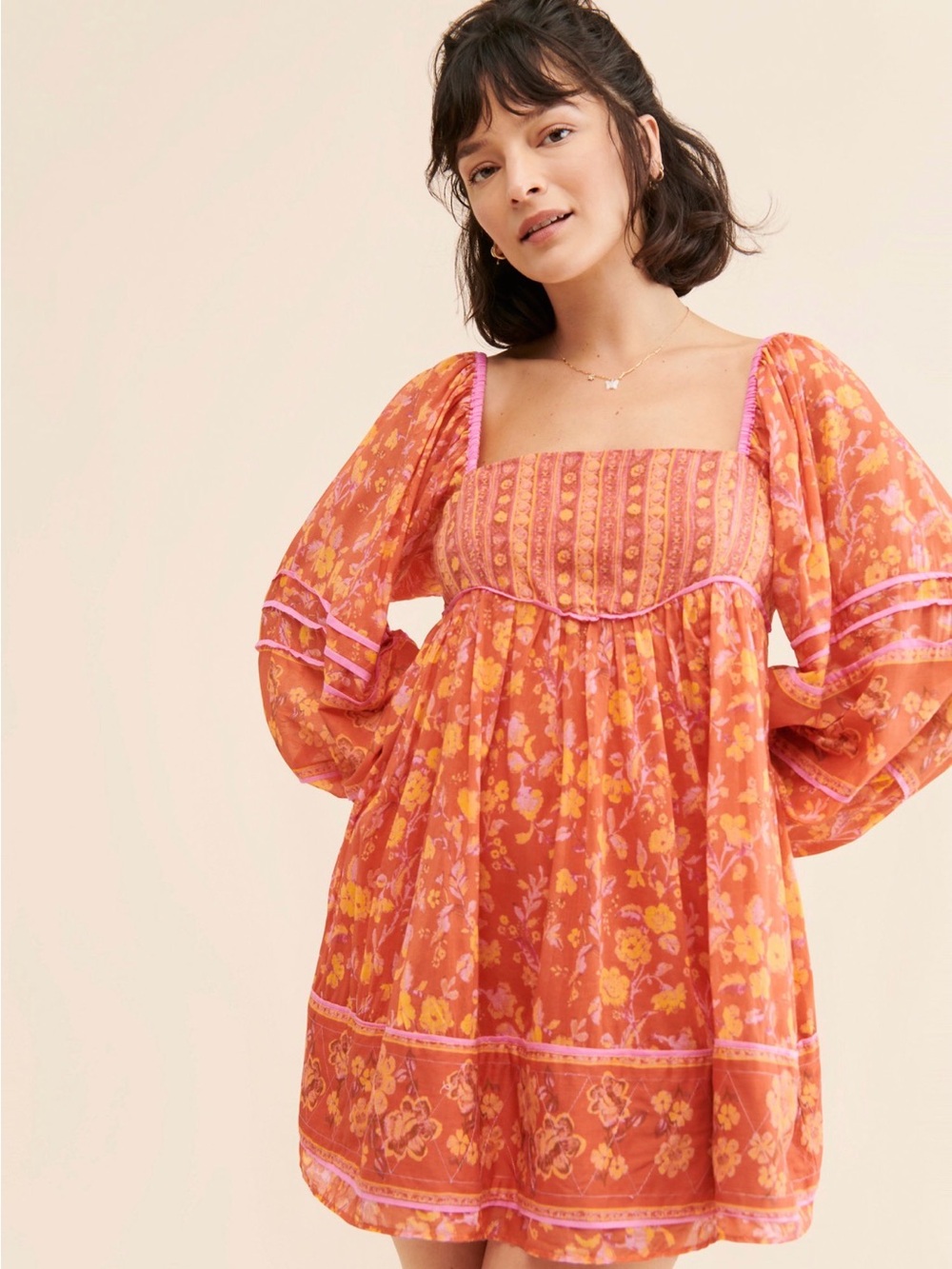 Free People Endless Afternoon Orange and Pink Floral Puff-Sleeve Mini Dress